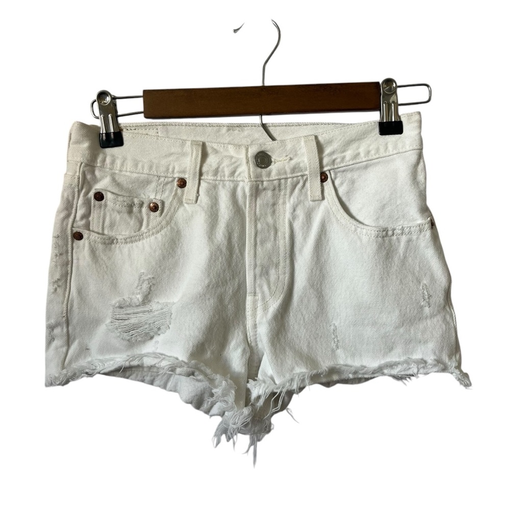 Levi's 501 White Jean Shorts Distressed High-Waisted. Waist 24 Cotton
